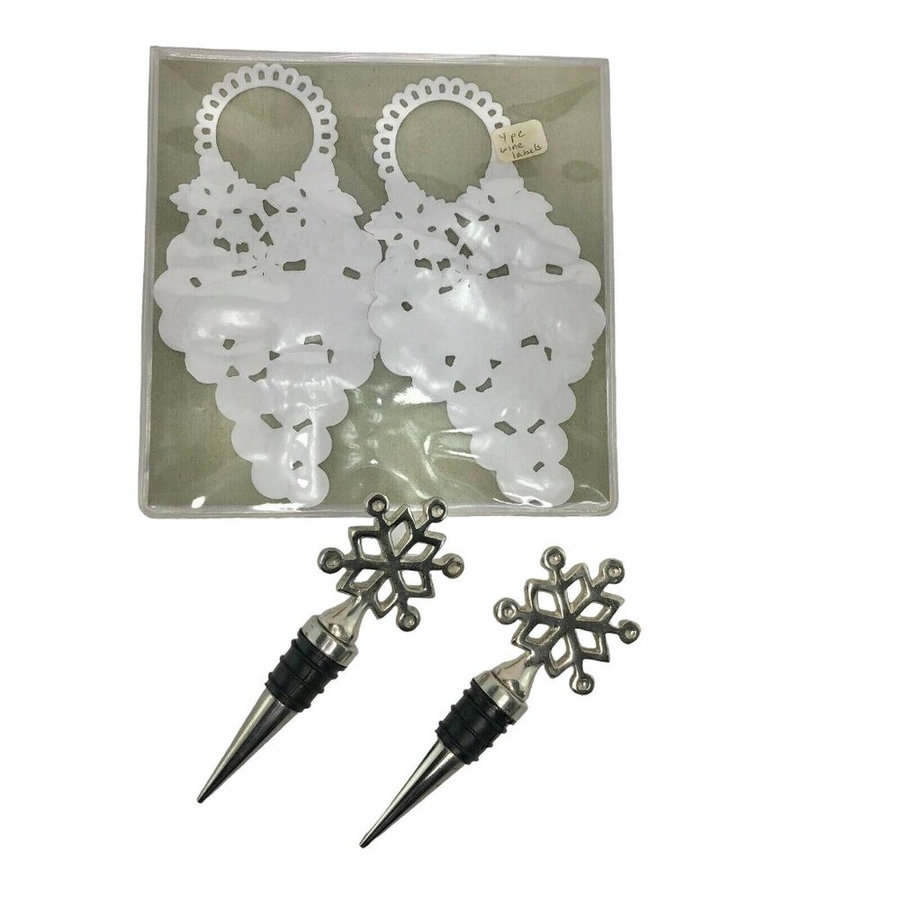 Set Of 2 Snowflake Wine Bottle Stoppers & 4 White Grapevine Lace Wine Glass Tags